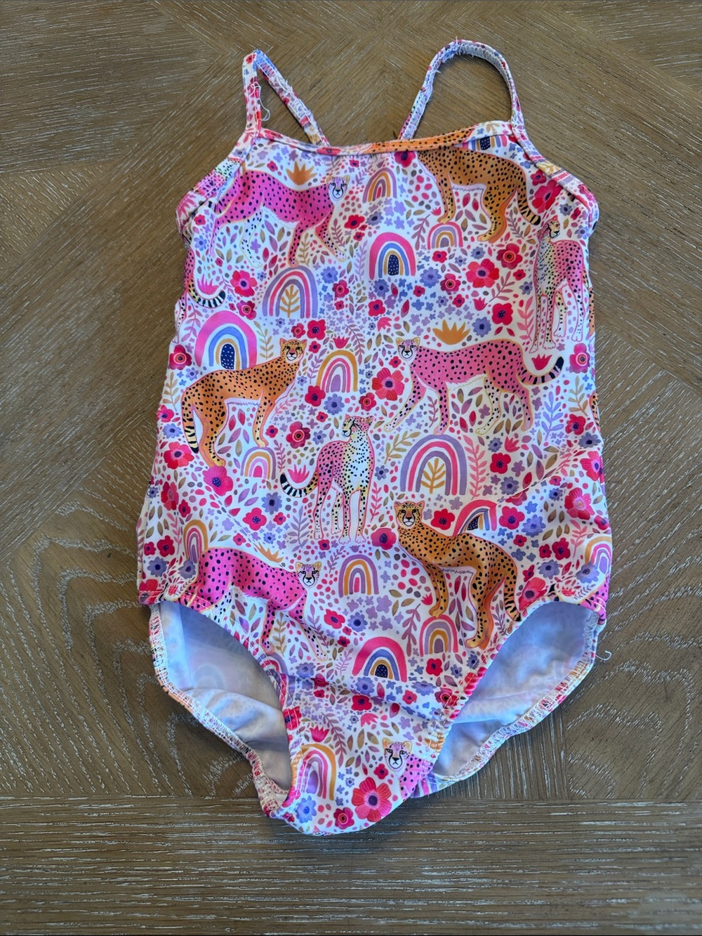 Girls Rainbow & Cheetah Print One-Piece Swimsuit - Pink